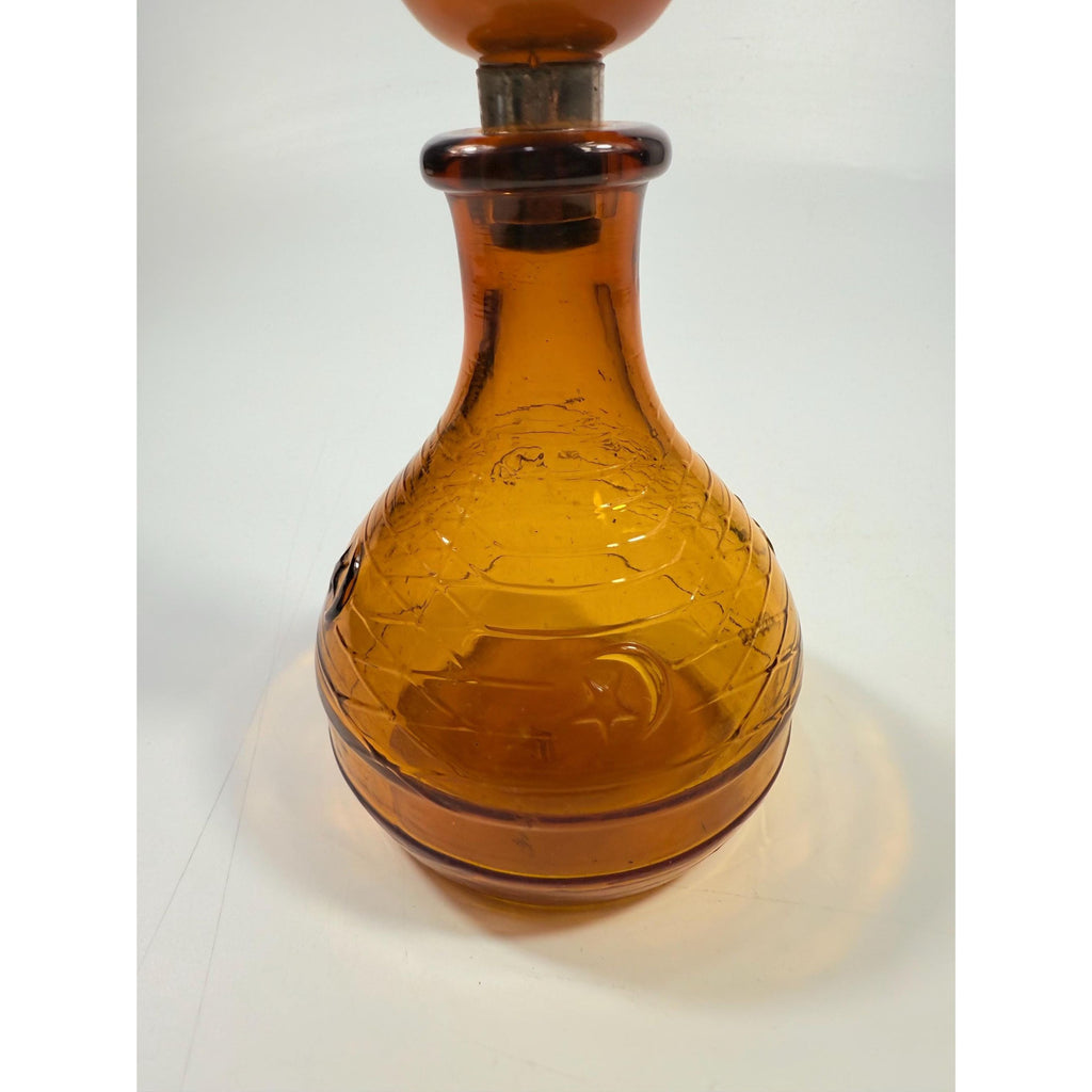 Hand Blown Amber Genie Decanter Glass bottle |  Owens Illinois Moon & star design | Stopper Bagdad Moon Star USA Nautical or Beehive