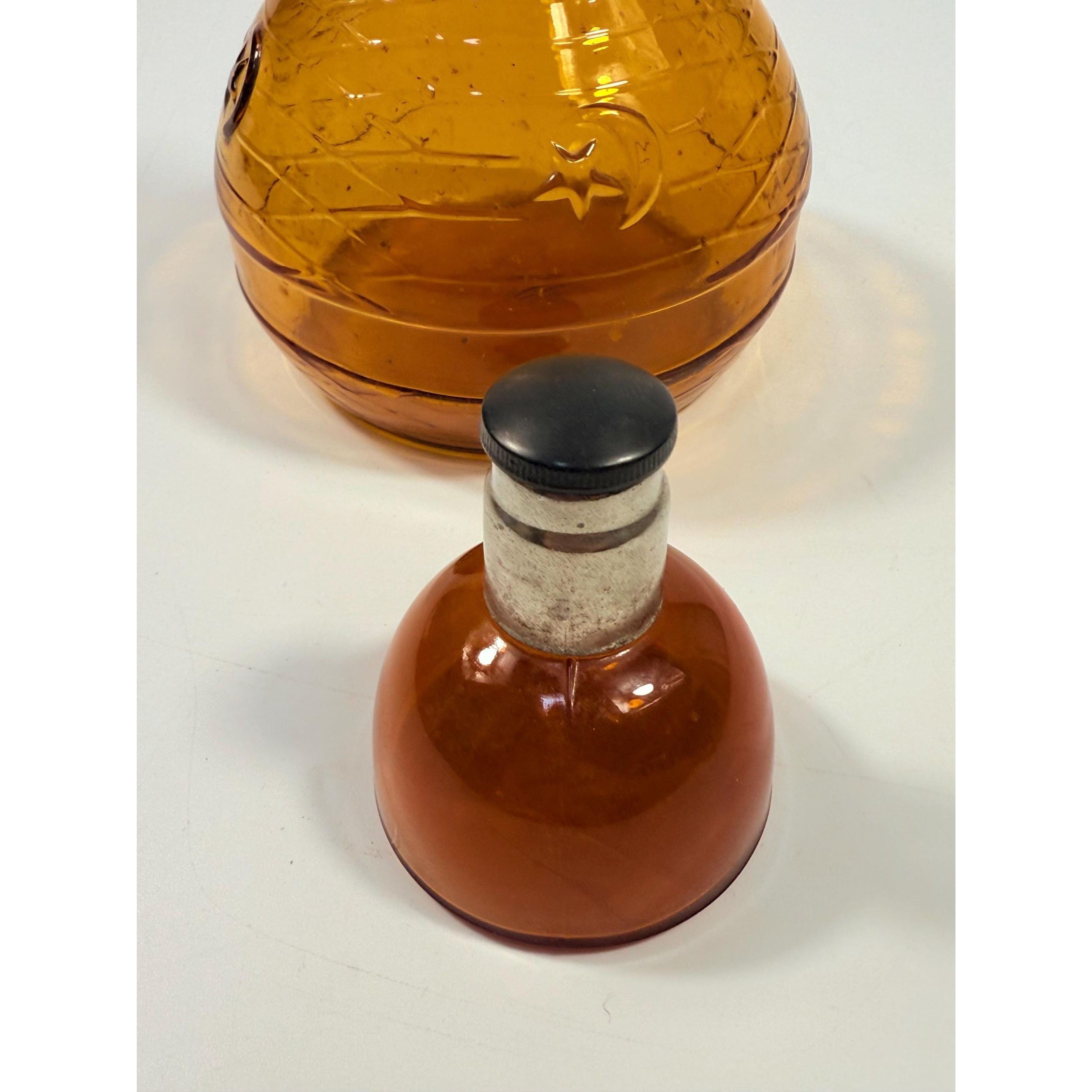 Hand Blown Amber Genie Decanter Glass bottle |  Owens Illinois Moon & star design | Stopper Bagdad Moon Star USA Nautical or Beehive