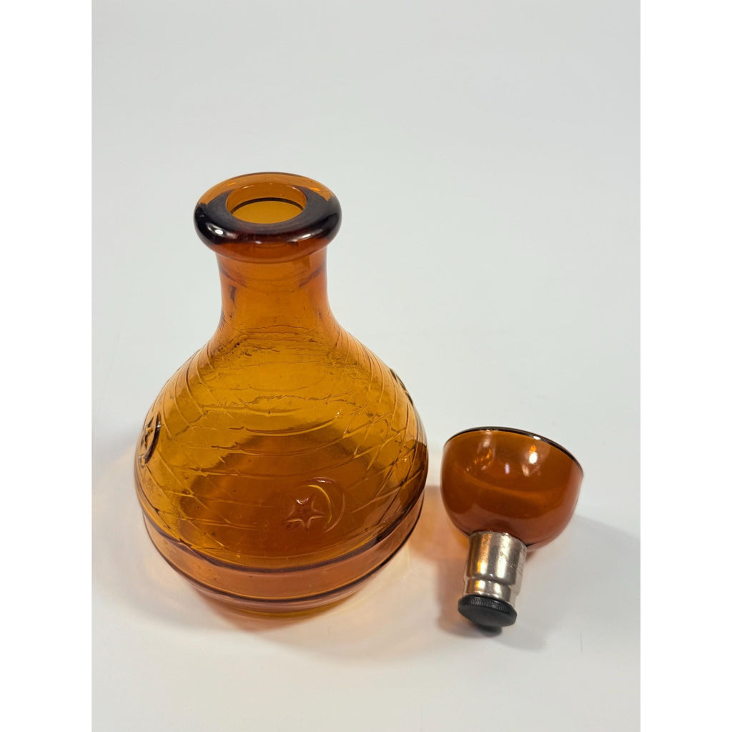 Hand Blown Amber Genie Decanter Glass bottle |  Owens Illinois Moon & star design | Stopper Bagdad Moon Star USA Nautical or Beehive