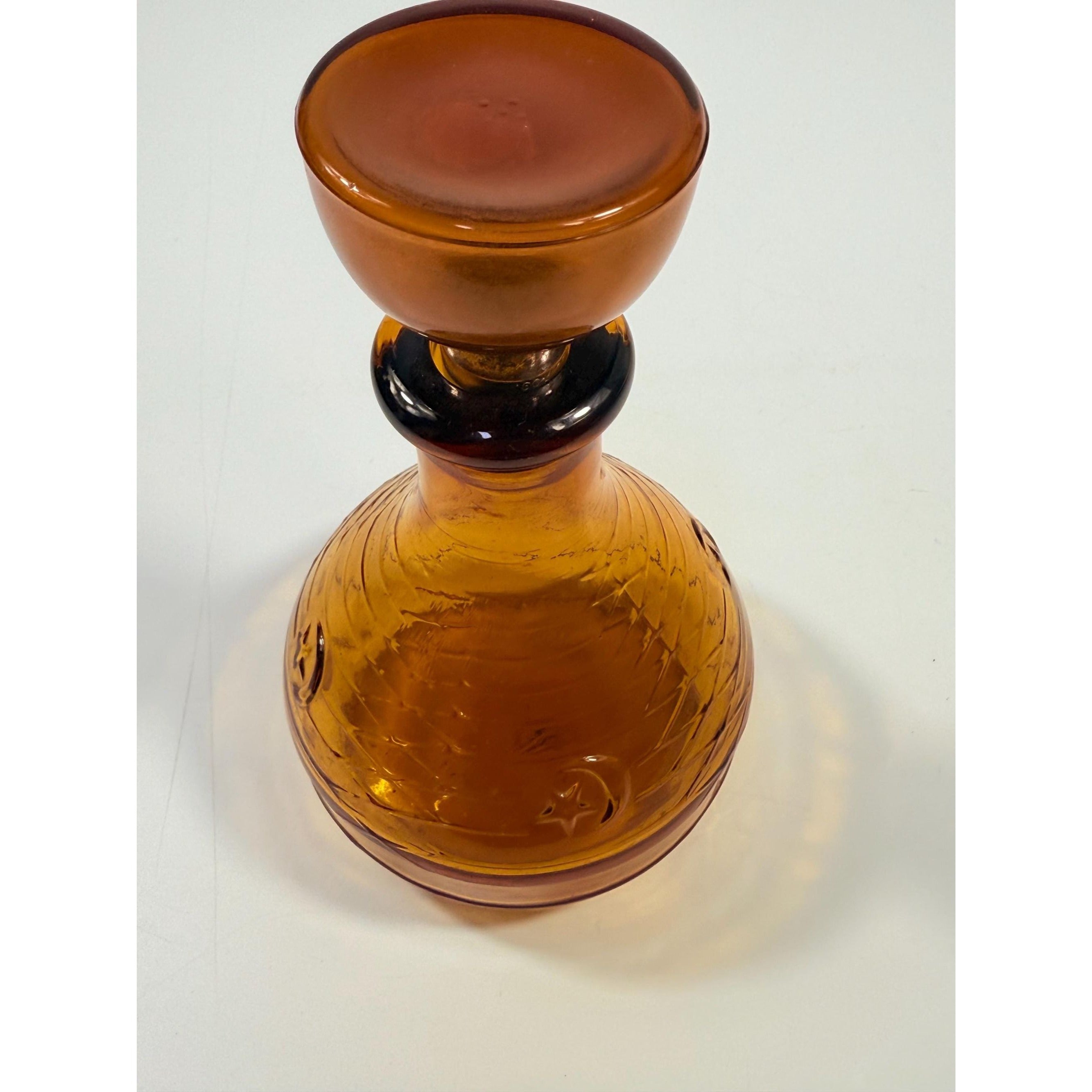Hand Blown Amber Genie Decanter Glass bottle |  Owens Illinois Moon & star design | Stopper Bagdad Moon Star USA Nautical or Beehive