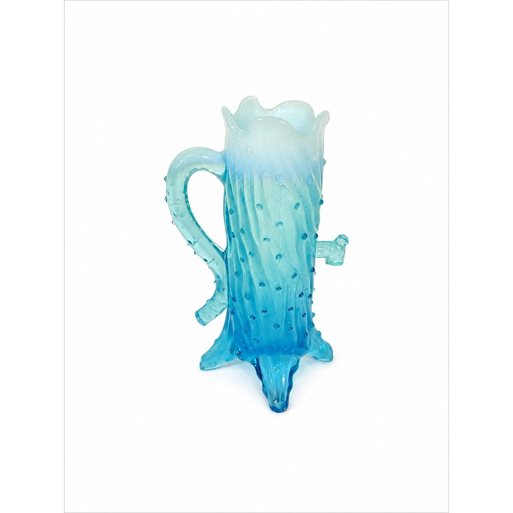 Blue Opalescent Glass Creamer Pitcher Vase Northwood Antique Town Pump Tree Trunk Vintage Collectible Glassware