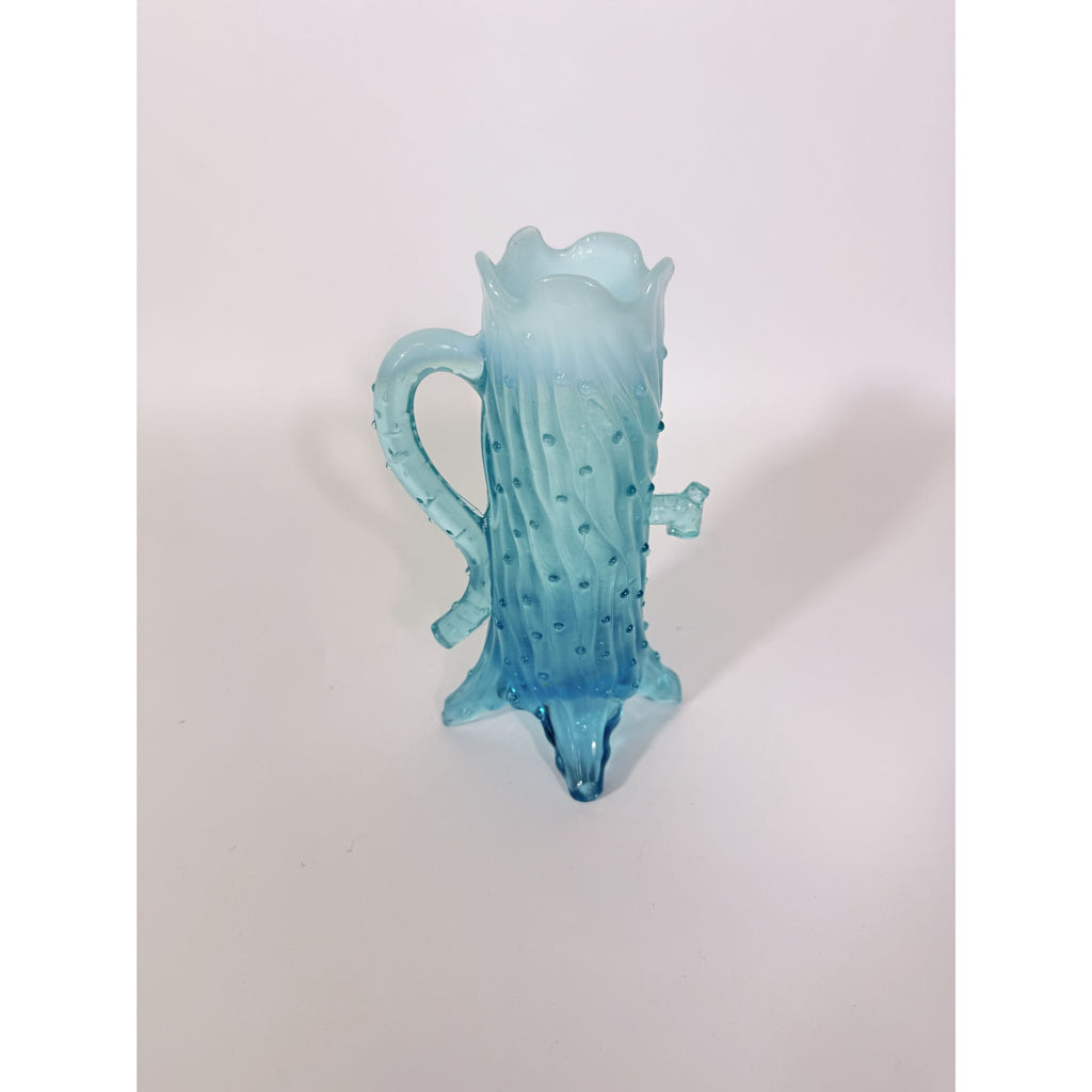 Blue Opalescent Glass Creamer Pitcher Vase Northwood Antique Town Pump Tree Trunk Vintage Collectible Glassware