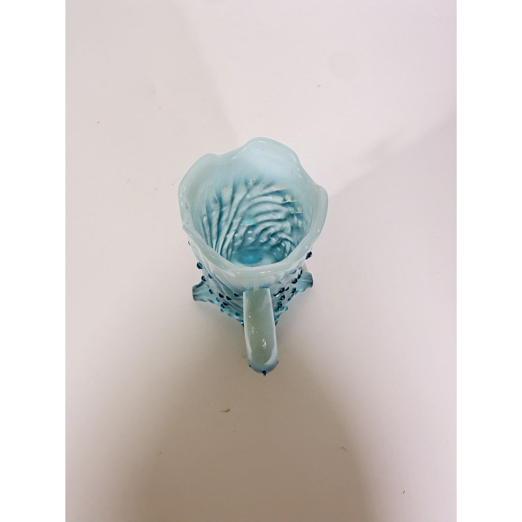 Blue Opalescent Glass Creamer Pitcher Vase Northwood Antique Town Pump Tree Trunk Vintage Collectible Glassware