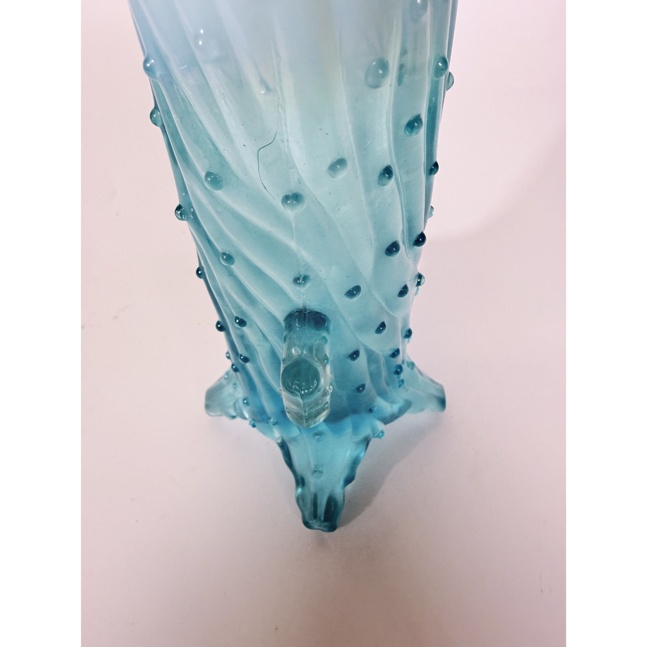 Blue Opalescent Glass Creamer Pitcher Vase Northwood Antique Town Pump Tree Trunk Vintage Collectible Glassware