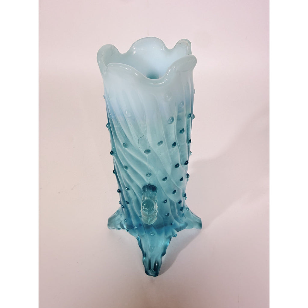 Blue Opalescent Glass Creamer Pitcher Vase Northwood Antique Town Pump Tree Trunk Vintage Collectible Glassware