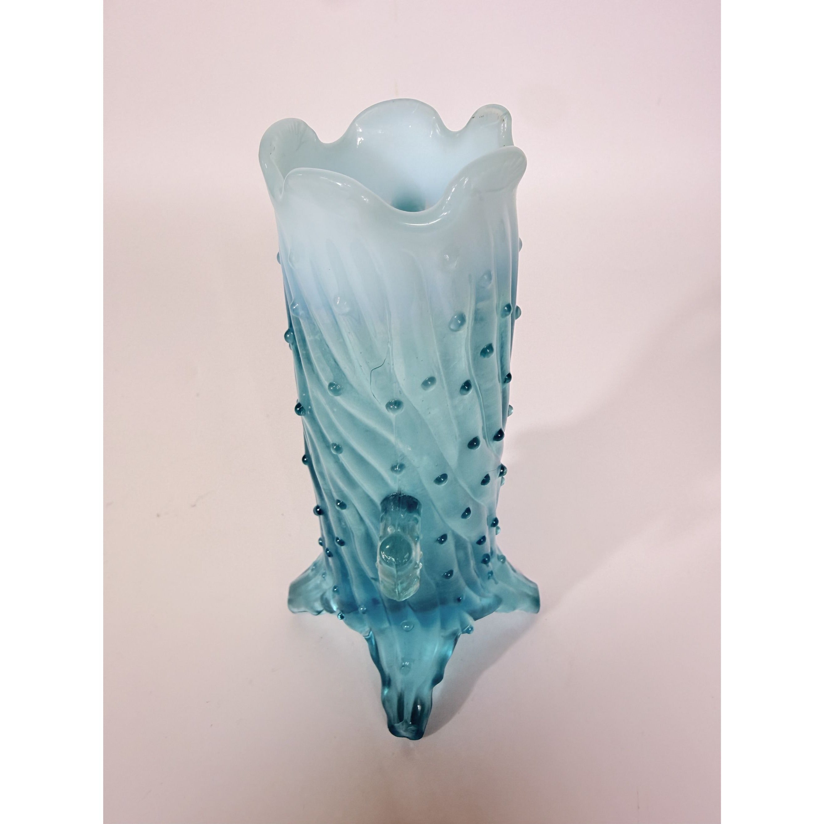 Blue Opalescent Glass Creamer Pitcher Vase Northwood Antique Town Pump Tree Trunk Vintage Collectible Glassware
