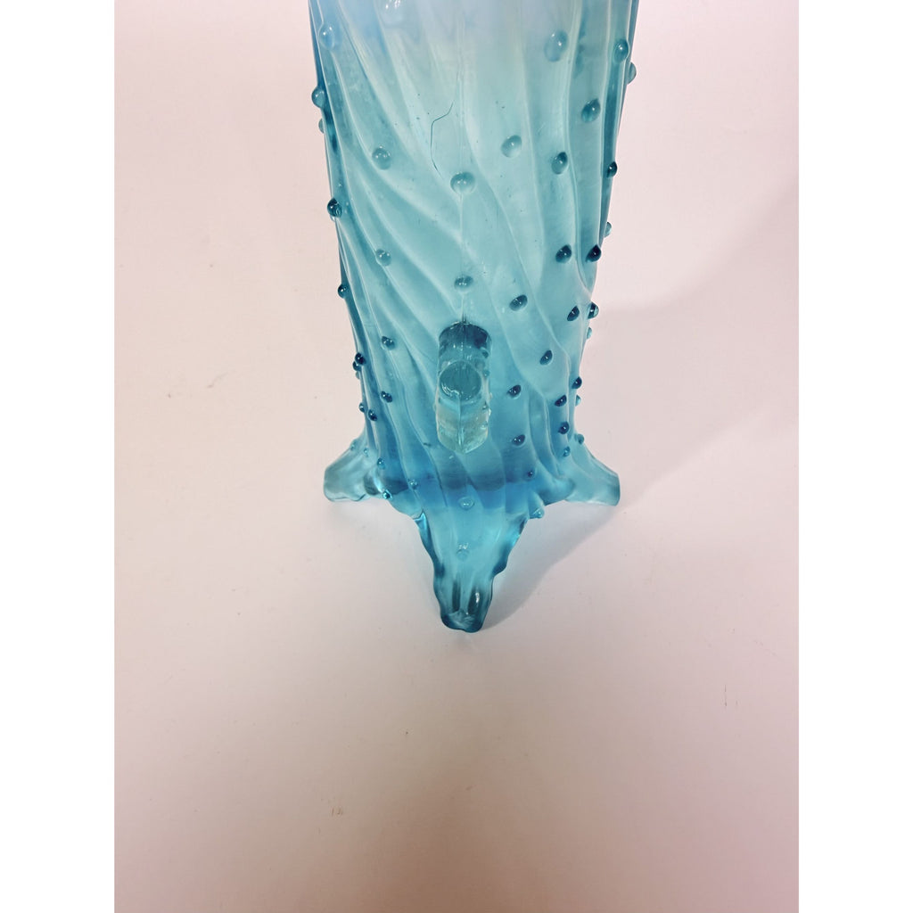 Blue Opalescent Glass Creamer Pitcher Vase Northwood Antique Town Pump Tree Trunk Vintage Collectible Glassware