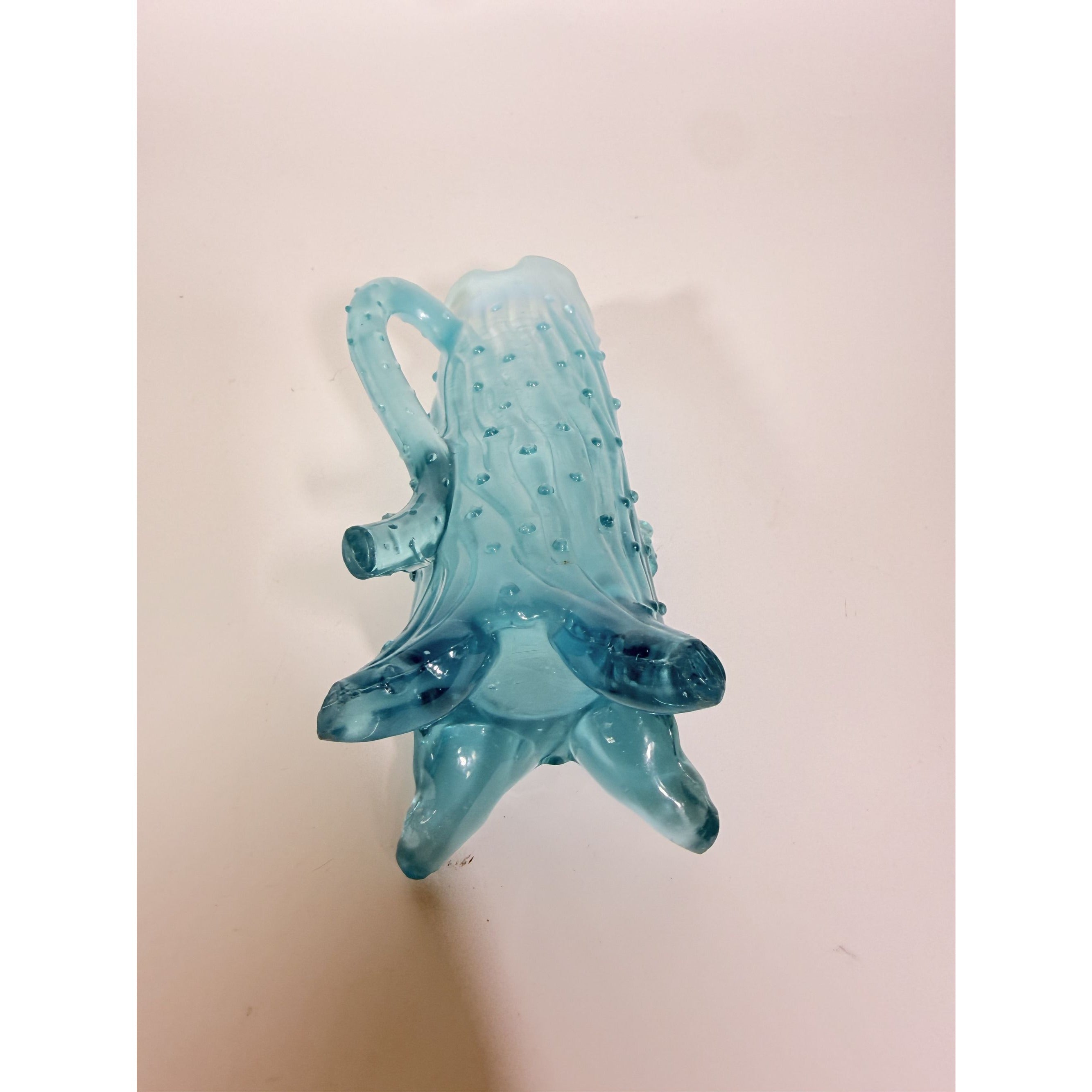 Blue Opalescent Glass Creamer Pitcher Vase Northwood Antique Town Pump Tree Trunk Vintage Collectible Glassware