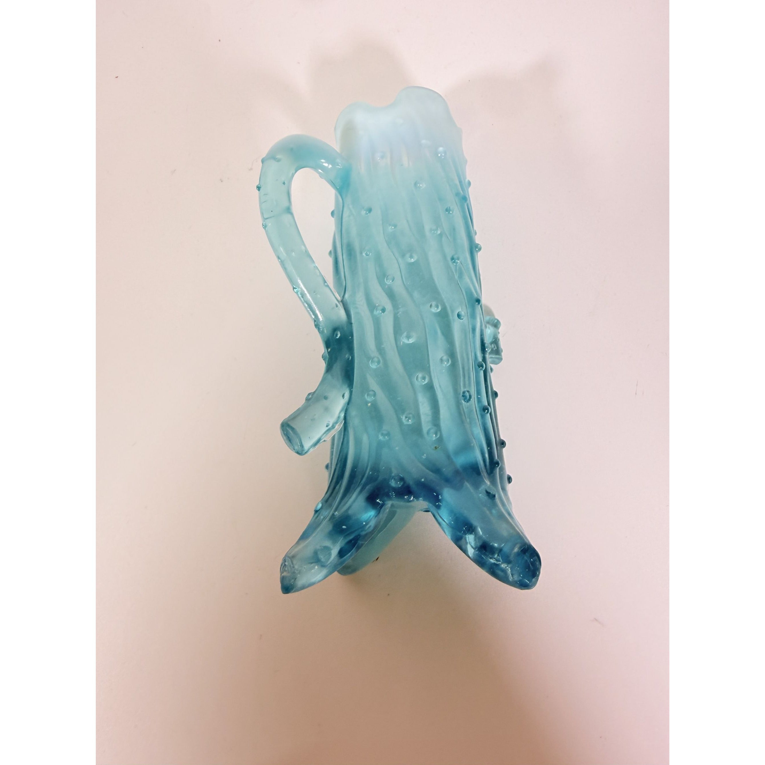 Blue Opalescent Glass Creamer Pitcher Vase Northwood Antique Town Pump Tree Trunk Vintage Collectible Glassware