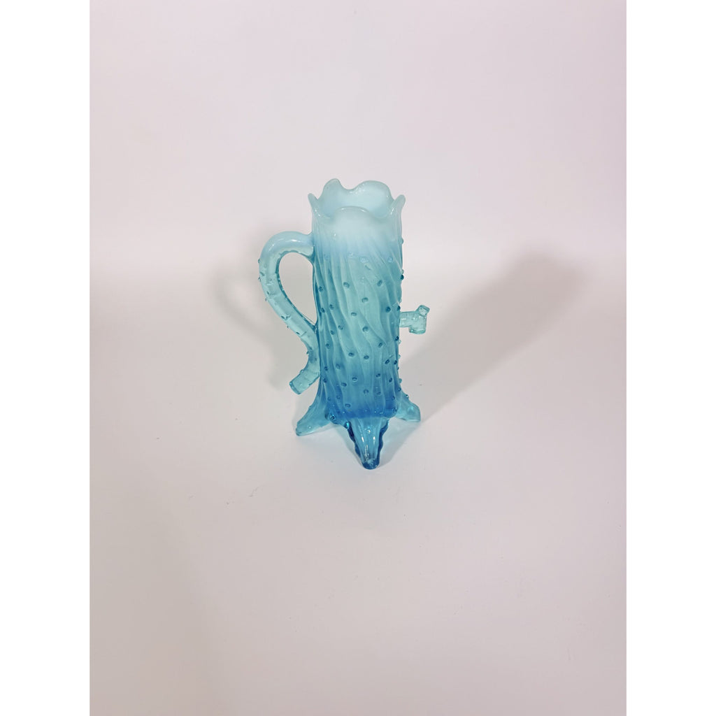 Blue Opalescent Glass Creamer Pitcher Vase Northwood Antique Town Pump Tree Trunk Vintage Collectible Glassware