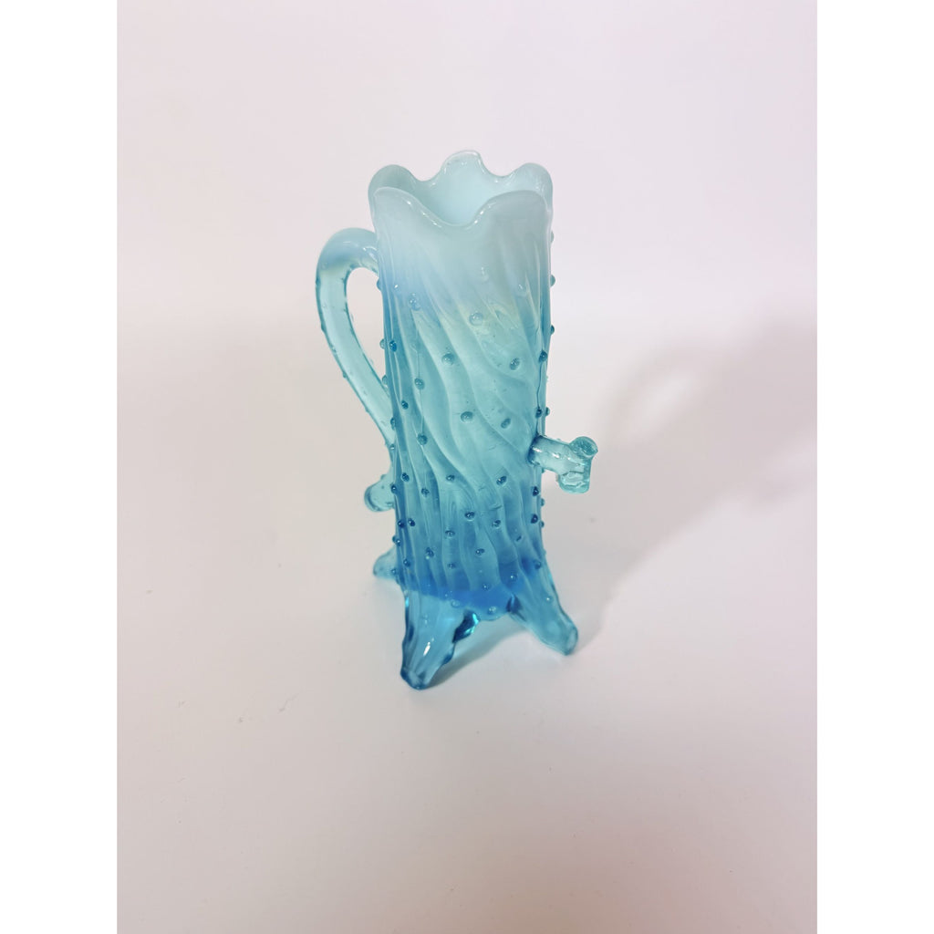 Blue Opalescent Glass Creamer Pitcher Vase Northwood Antique Town Pump Tree Trunk Vintage Collectible Glassware