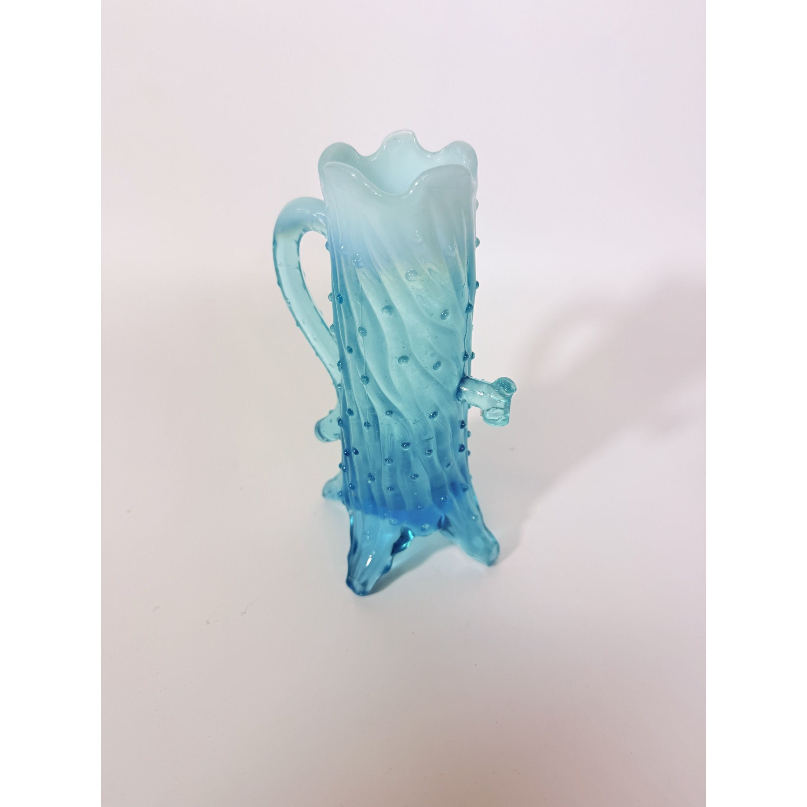 Blue Opalescent Glass Creamer Pitcher Vase Northwood Antique Town Pump Tree Trunk Vintage Collectible Glassware