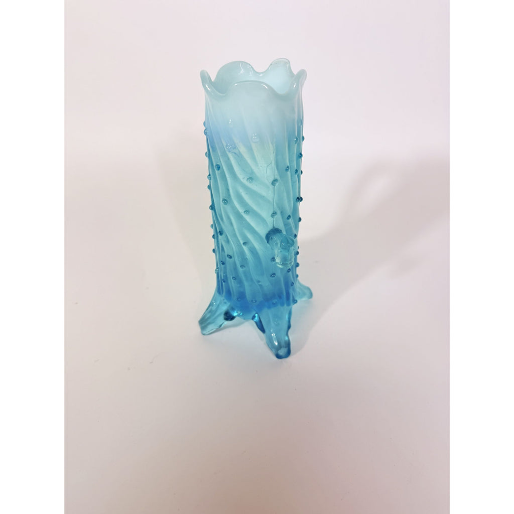 Blue Opalescent Glass Creamer Pitcher Vase Northwood Antique Town Pump Tree Trunk Vintage Collectible Glassware