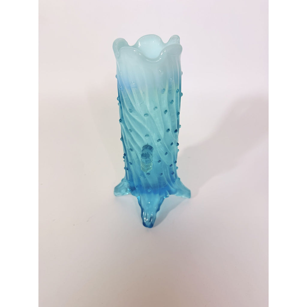 Blue Opalescent Glass Creamer Pitcher Vase Northwood Antique Town Pump Tree Trunk Vintage Collectible Glassware