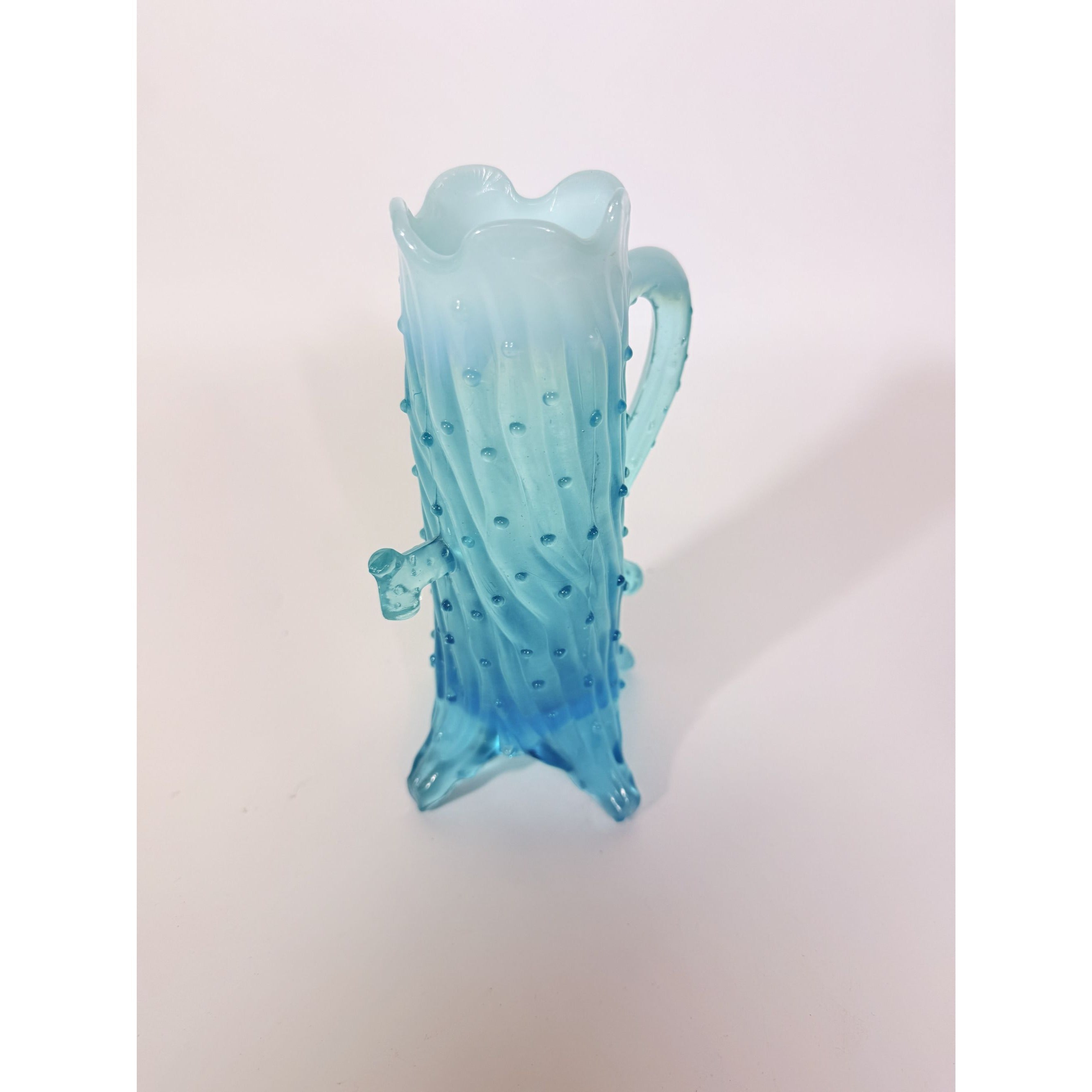 Blue Opalescent Glass Creamer Pitcher Vase Northwood Antique Town Pump Tree Trunk Vintage Collectible Glassware