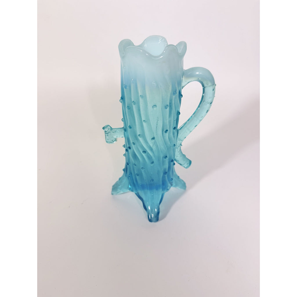 Blue Opalescent Glass Creamer Pitcher Vase Northwood Antique Town Pump Tree Trunk Vintage Collectible Glassware
