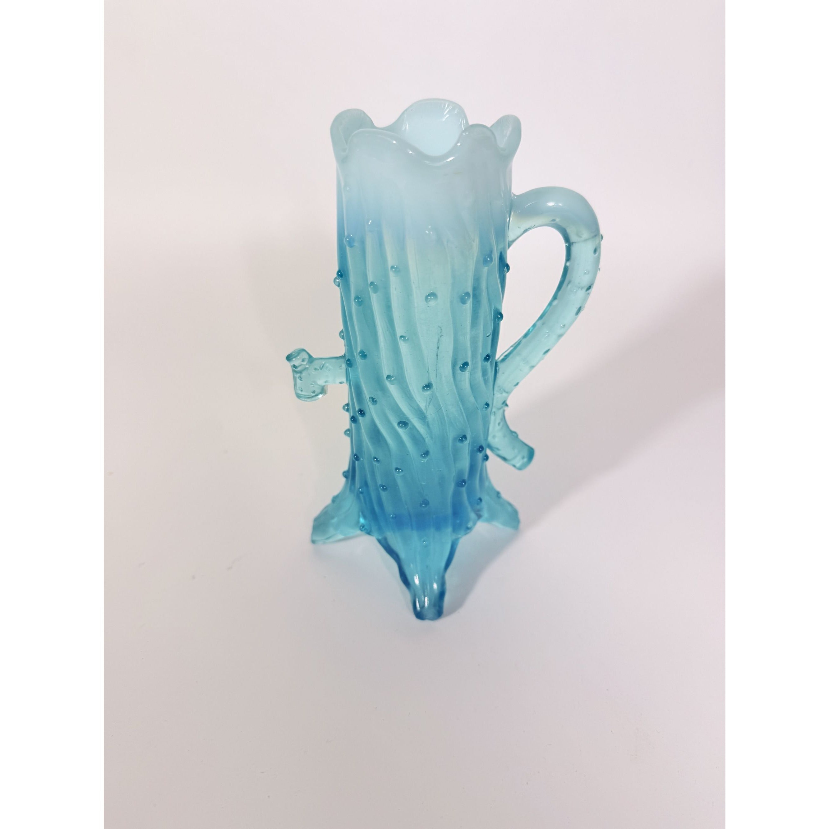 Blue Opalescent Glass Creamer Pitcher Vase Northwood Antique Town Pump Tree Trunk Vintage Collectible Glassware