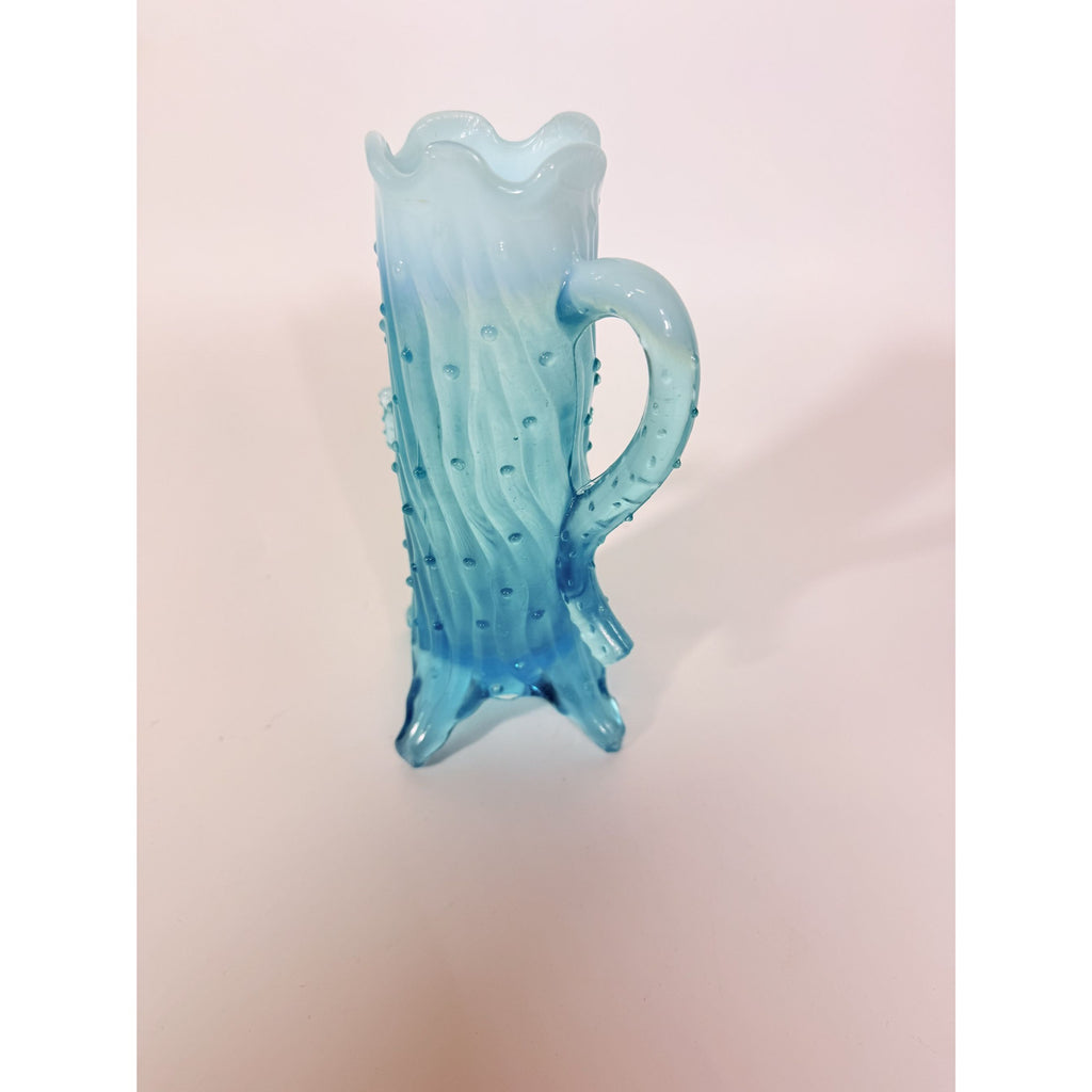 Blue Opalescent Glass Creamer Pitcher Vase Northwood Antique Town Pump Tree Trunk Vintage Collectible Glassware