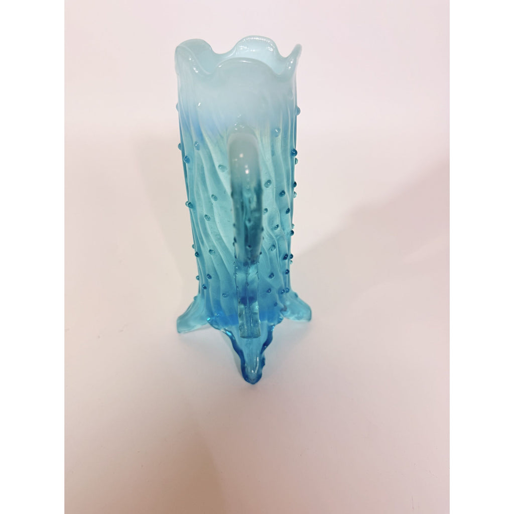 Blue Opalescent Glass Creamer Pitcher Vase Northwood Antique Town Pump Tree Trunk Vintage Collectible Glassware
