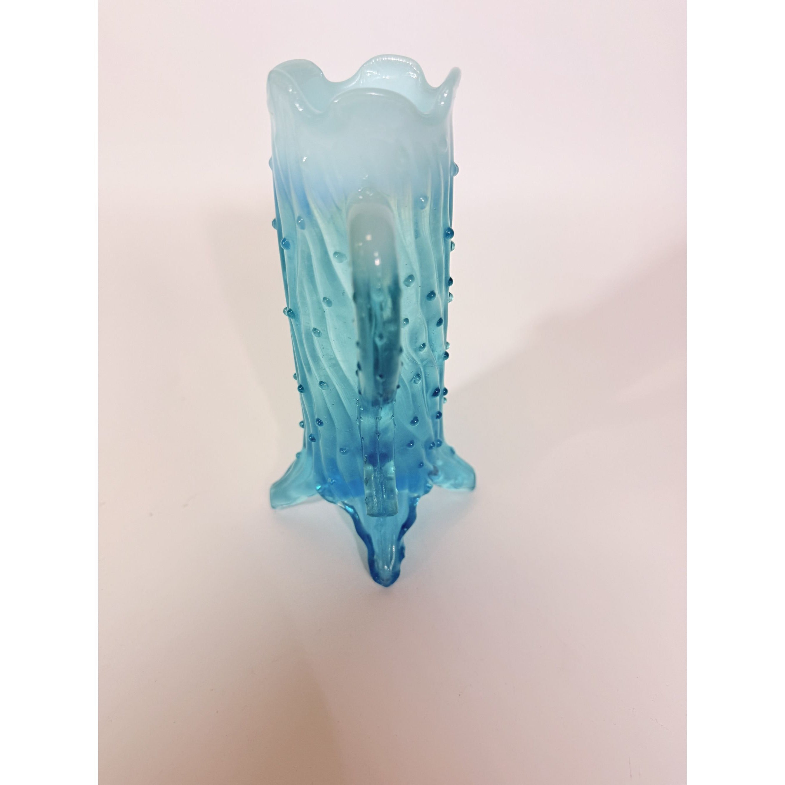 Blue Opalescent Glass Creamer Pitcher Vase Northwood Antique Town Pump Tree Trunk Vintage Collectible Glassware