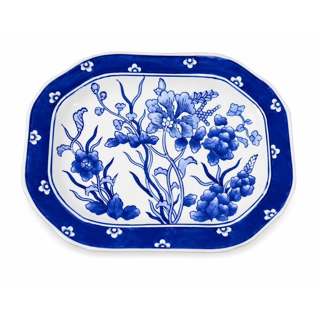 Large Serving Meat Platter Tray Floral Blue and White Chinoiserie Oriental Hand Painted Flowers Gallery Wall Home Decor Decorative Accents