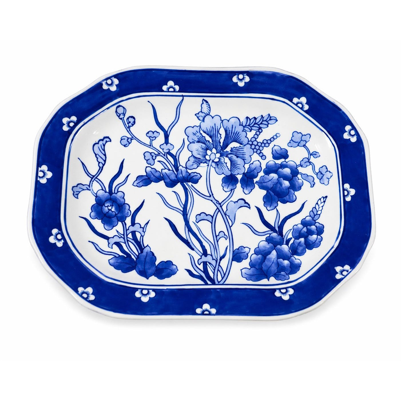 Large Serving Meat Platter Tray Floral Blue and White Chinoiserie Oriental Hand Painted Flowers Gallery Wall Home Decor Decorative Accents