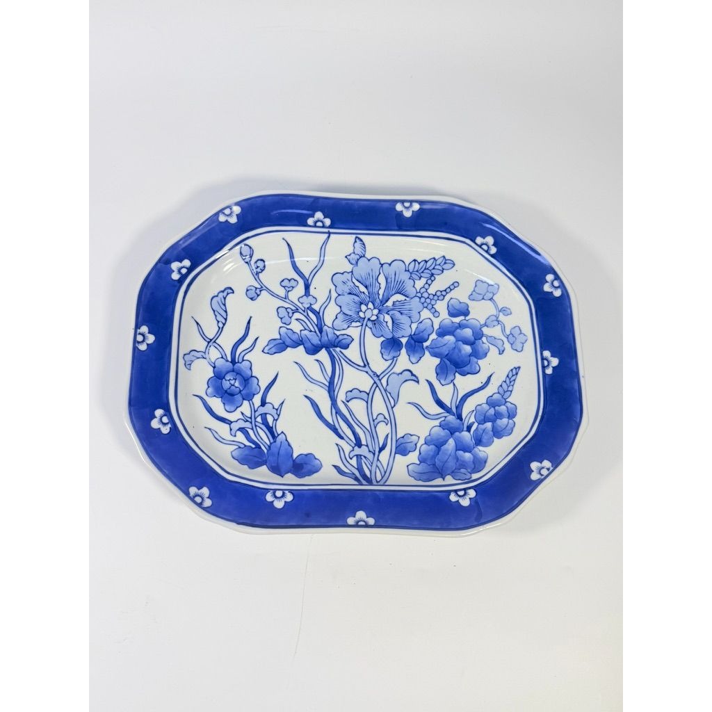 Large Serving Meat Platter Tray Floral Blue and White Chinoiserie Oriental Hand Painted Flowers Gallery Wall Home Decor Decorative Accents