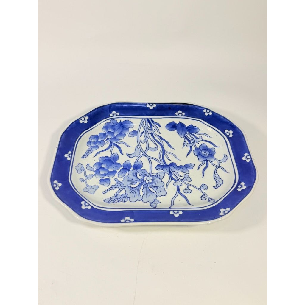 Large Serving Meat Platter Tray Floral Blue and White Chinoiserie Oriental Hand Painted Flowers Gallery Wall Home Decor Decorative Accents