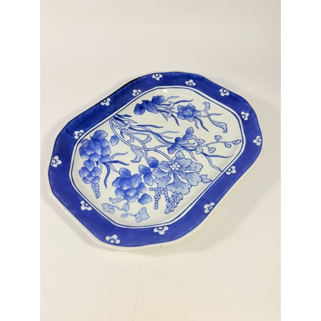 Large Serving Meat Platter Tray Floral Blue and White Chinoiserie Oriental Hand Painted Flowers Gallery Wall Home Decor Decorative Accents