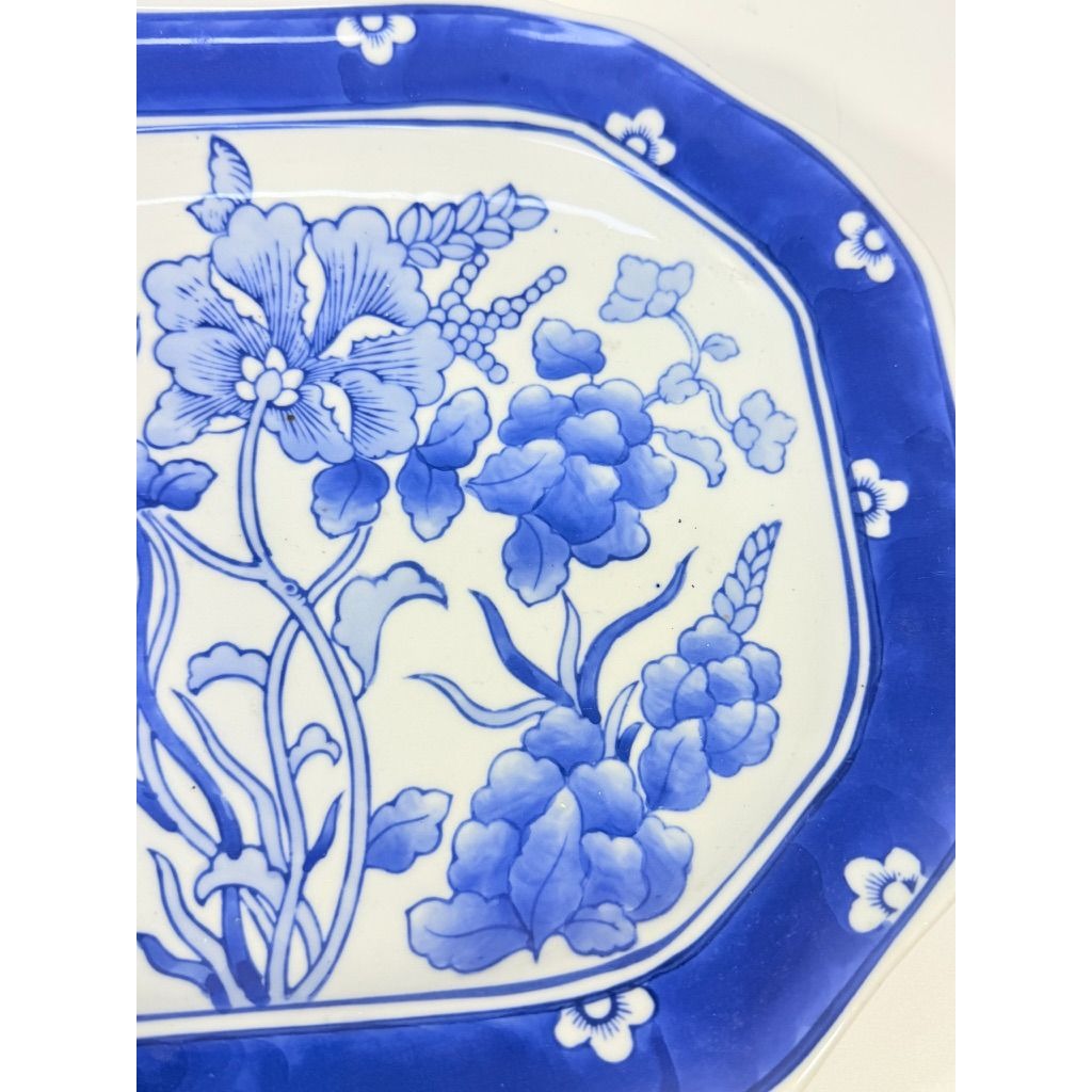 Large Serving Meat Platter Tray Floral Blue and White Chinoiserie Oriental Hand Painted Flowers Gallery Wall Home Decor Decorative Accents