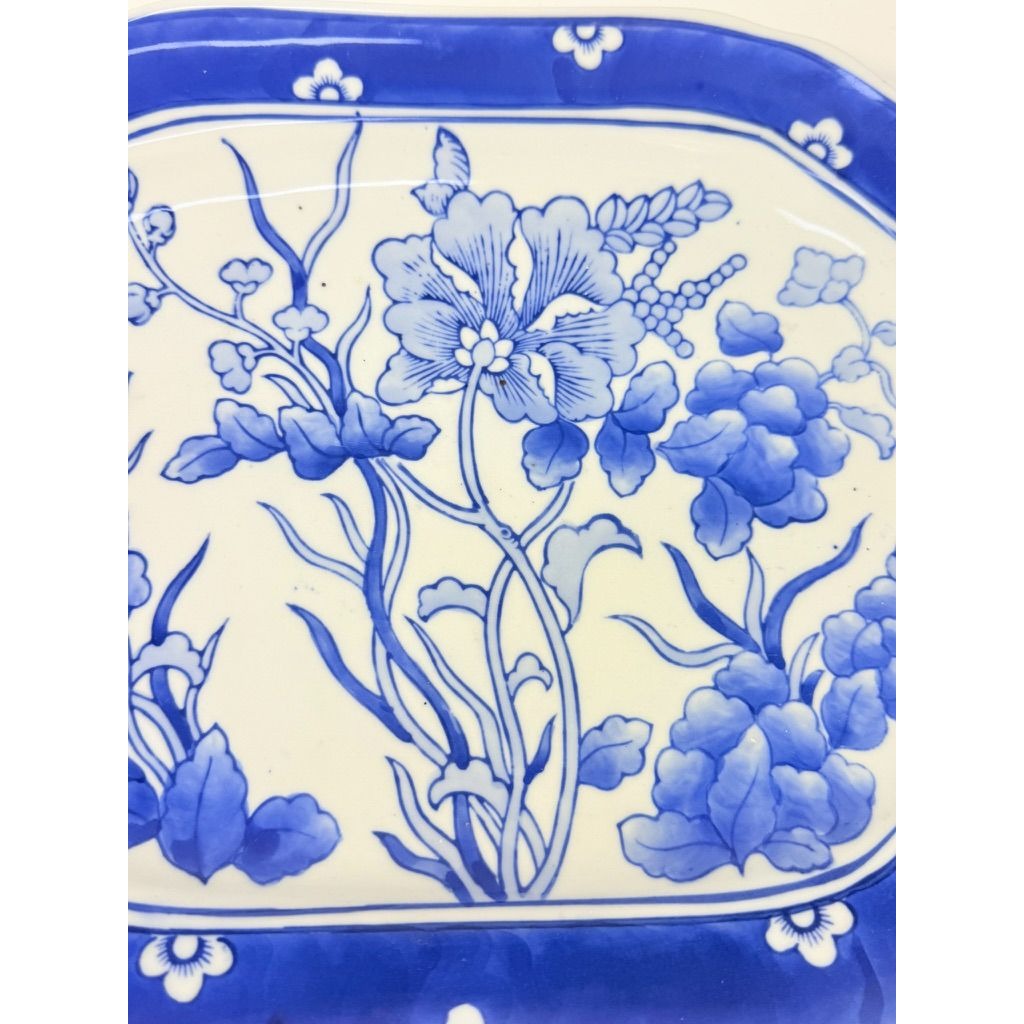 Large Serving Meat Platter Tray Floral Blue and White Chinoiserie Oriental Hand Painted Flowers Gallery Wall Home Decor Decorative Accents