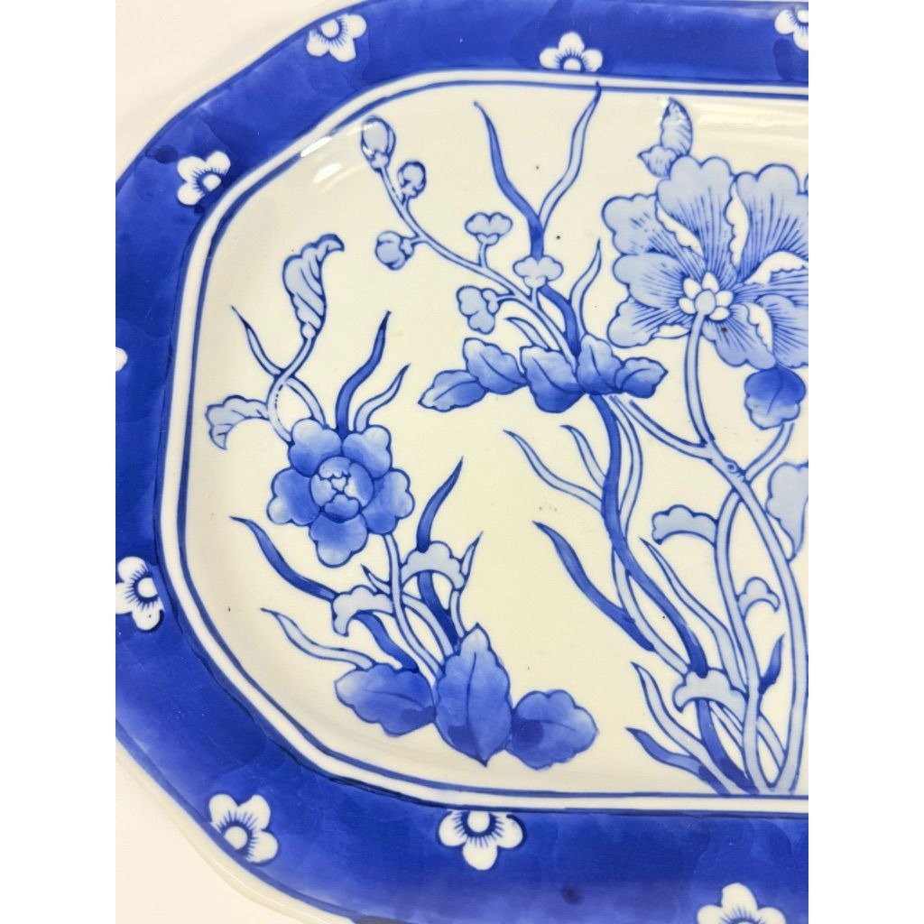 Large Serving Meat Platter Tray Floral Blue and White Chinoiserie Oriental Hand Painted Flowers Gallery Wall Home Decor Decorative Accents