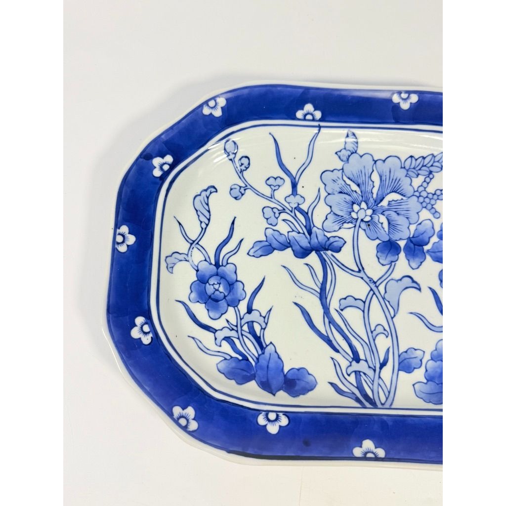 Large Serving Meat Platter Tray Floral Blue and White Chinoiserie Oriental Hand Painted Flowers Gallery Wall Home Decor Decorative Accents