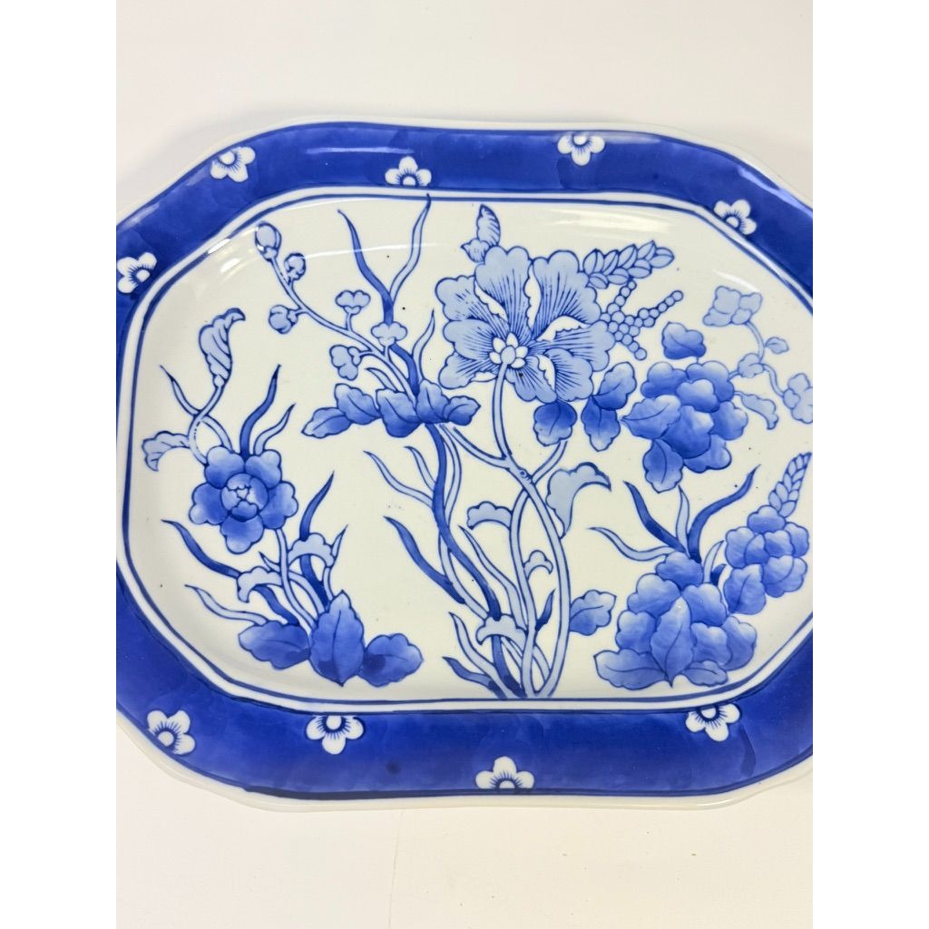 Large Serving Meat Platter Tray Floral Blue and White Chinoiserie Oriental Hand Painted Flowers Gallery Wall Home Decor Decorative Accents