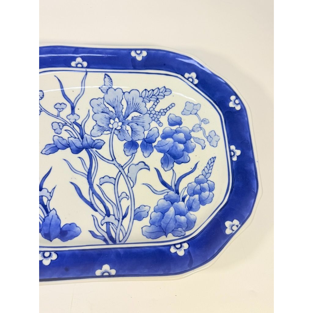 Large Serving Meat Platter Tray Floral Blue and White Chinoiserie Oriental Hand Painted Flowers Gallery Wall Home Decor Decorative Accents