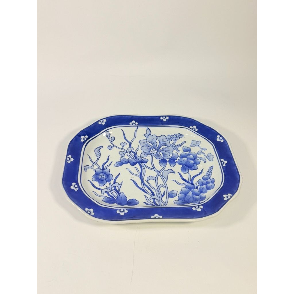 Large Serving Meat Platter Tray Floral Blue and White Chinoiserie Oriental Hand Painted Flowers Gallery Wall Home Decor Decorative Accents