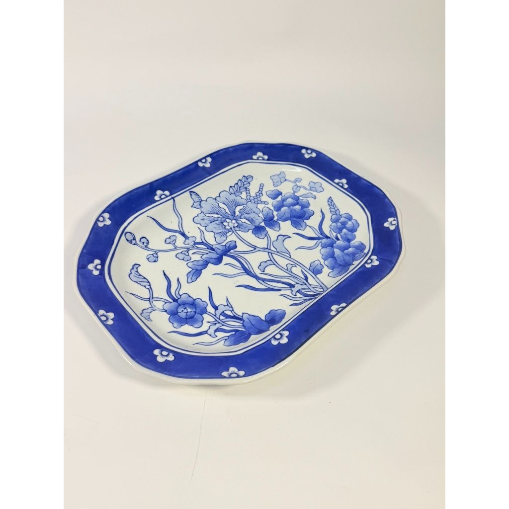 Large Serving Meat Platter Tray Floral Blue and White Chinoiserie Oriental Hand Painted Flowers Gallery Wall Home Decor Decorative Accents