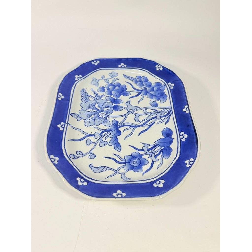 Large Serving Meat Platter Tray Floral Blue and White Chinoiserie Oriental Hand Painted Flowers Gallery Wall Home Decor Decorative Accents