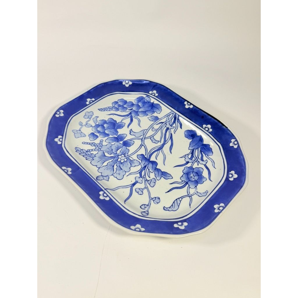 Large Serving Meat Platter Tray Floral Blue and White Chinoiserie Oriental Hand Painted Flowers Gallery Wall Home Decor Decorative Accents