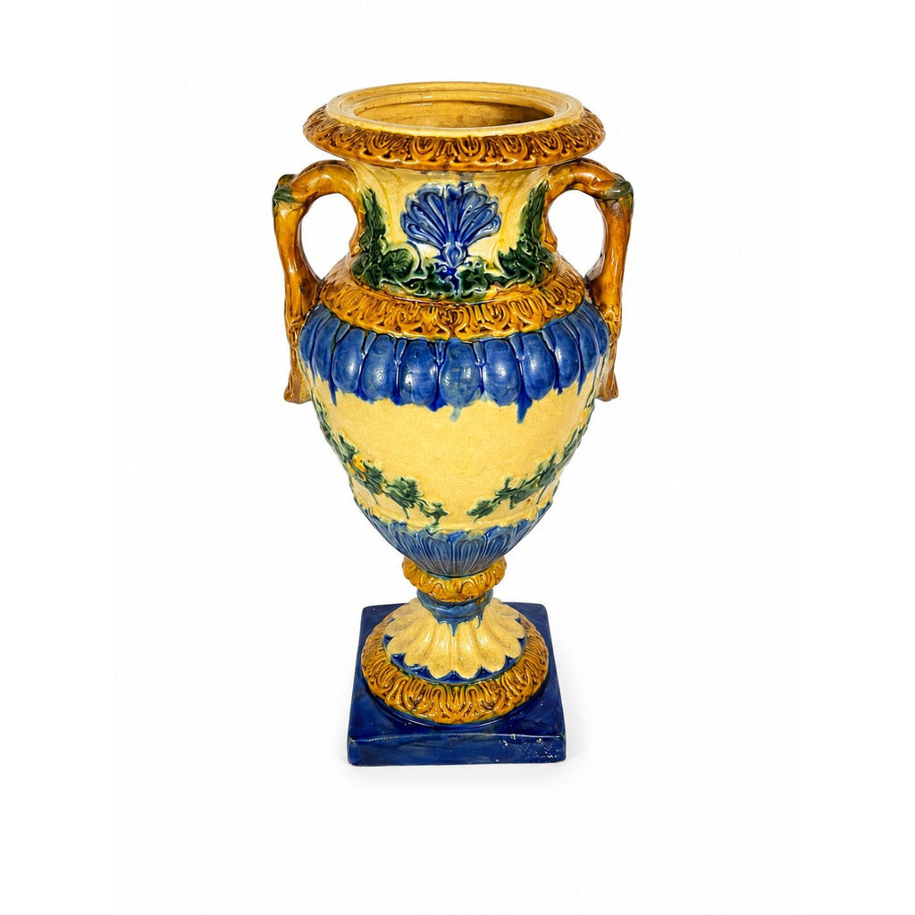 Ialian Urn Vase Majolica Large Blue Gold Green Italy Centerpiece Planter Home Foyer Dining Room Decor Traditional Decorative Accents