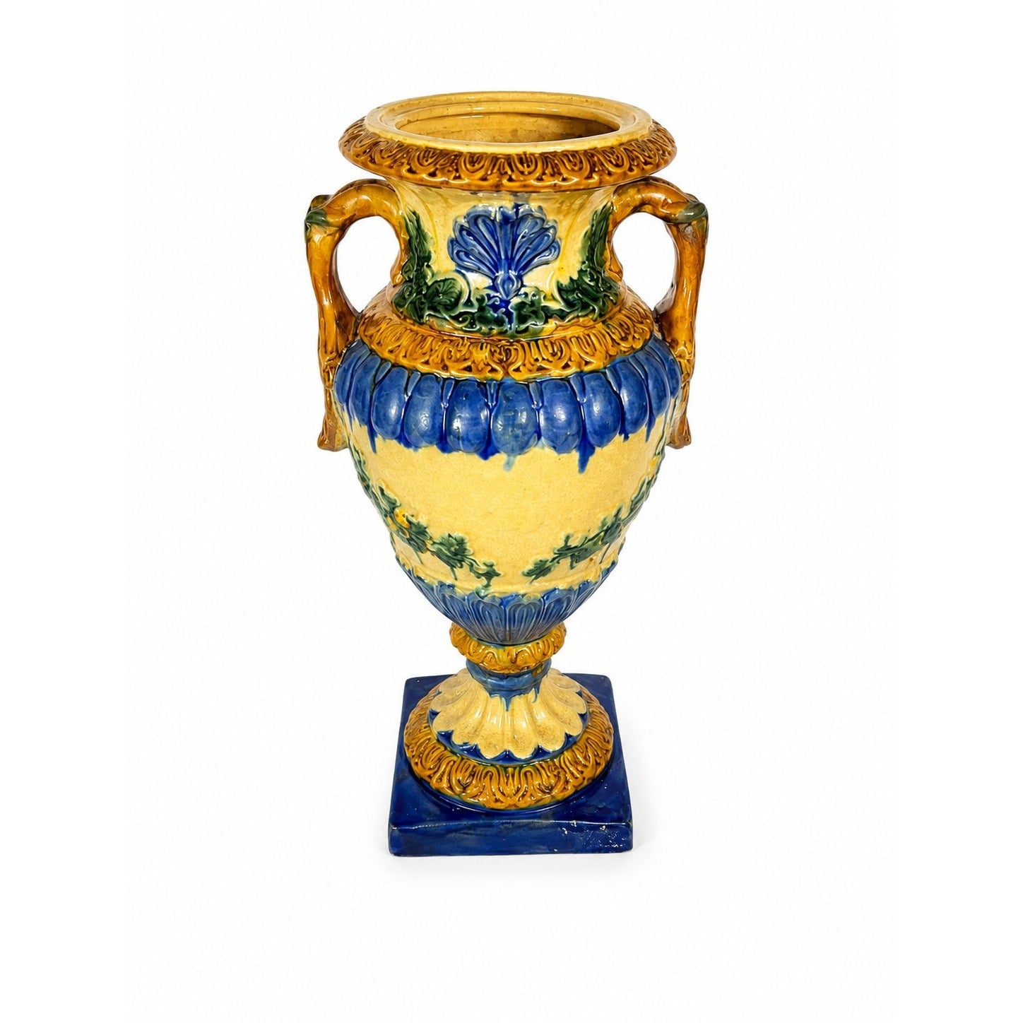 Ialian Urn Vase Majolica Large Blue Gold Green Italy Centerpiece Planter Home Foyer Dining Room Decor Traditional Decorative Accents