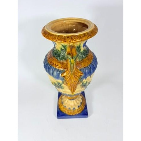 Ialian Urn Vase Majolica Large Blue Gold Green Italy Centerpiece Planter Home Foyer Dining Room Decor Traditional Decorative Accents