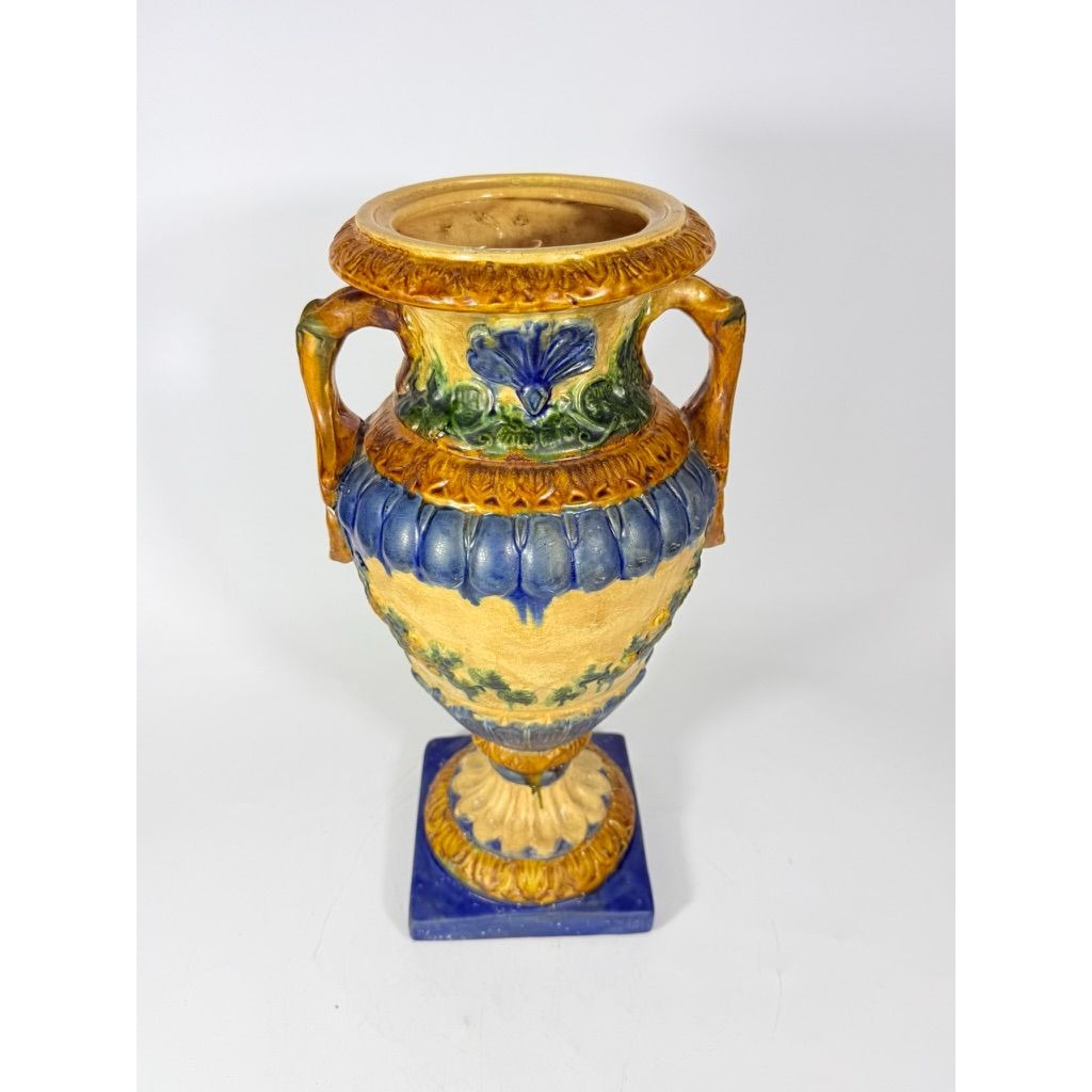 Ialian Urn Vase Majolica Large Blue Gold Green Italy Centerpiece Planter Home Foyer Dining Room Decor Traditional Decorative Accents