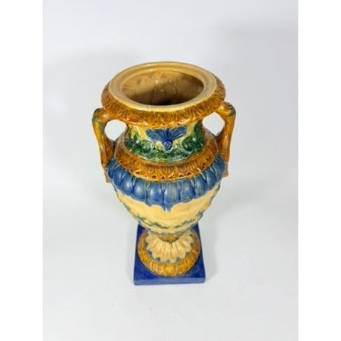 Ialian Urn Vase Majolica Large Blue Gold Green Italy Centerpiece Planter Home Foyer Dining Room Decor Traditional Decorative Accents