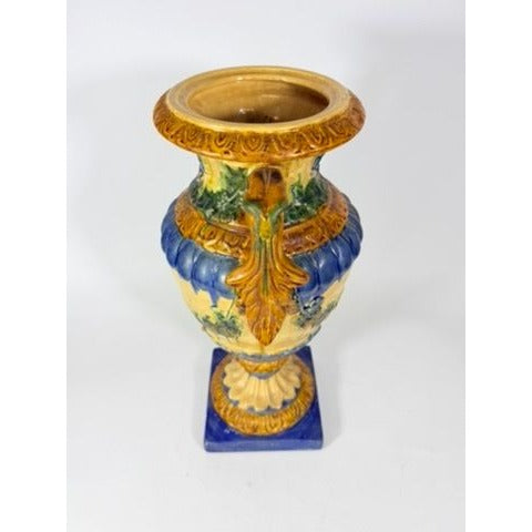 Ialian Urn Vase Majolica Large Blue Gold Green Italy Centerpiece Planter Home Foyer Dining Room Decor Traditional Decorative Accents