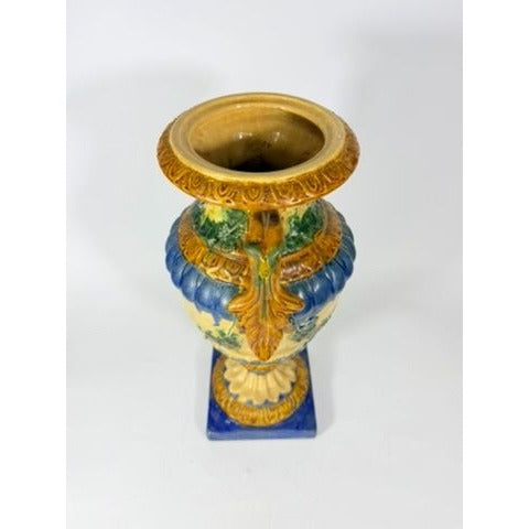 Ialian Urn Vase Majolica Large Blue Gold Green Italy Centerpiece Planter Home Foyer Dining Room Decor Traditional Decorative Accents