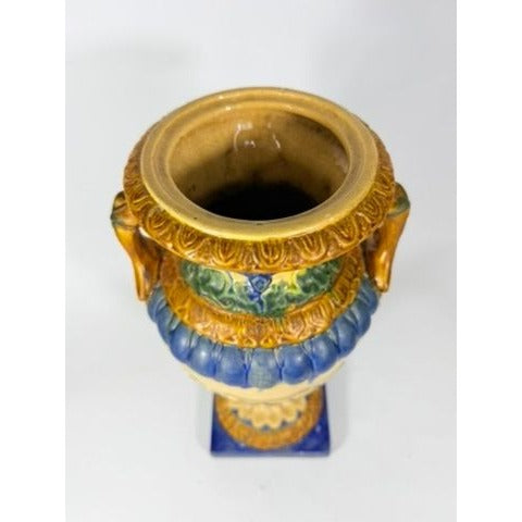 Ialian Urn Vase Majolica Large Blue Gold Green Italy Centerpiece Planter Home Foyer Dining Room Decor Traditional Decorative Accents