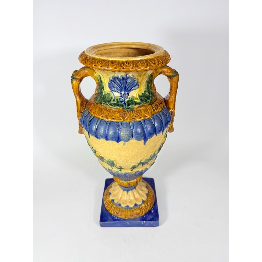 Ialian Urn Vase Majolica Large Blue Gold Green Italy Centerpiece Planter Home Foyer Dining Room Decor Traditional Decorative Accents