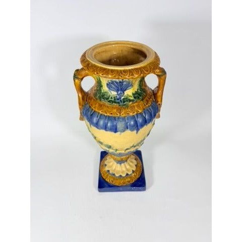 Ialian Urn Vase Majolica Large Blue Gold Green Italy Centerpiece Planter Home Foyer Dining Room Decor Traditional Decorative Accents