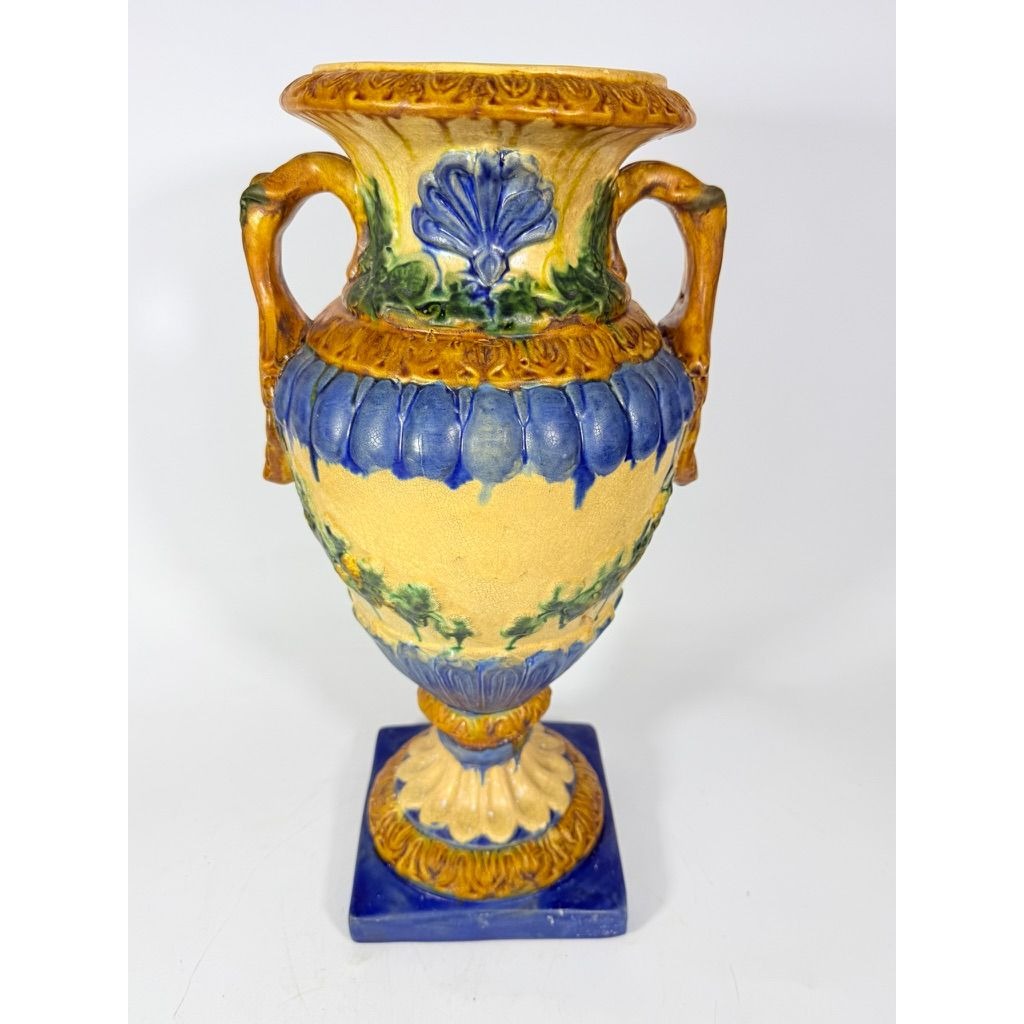 Ialian Urn Vase Majolica Large Blue Gold Green Italy Centerpiece Planter Home Foyer Dining Room Decor Traditional Decorative Accents